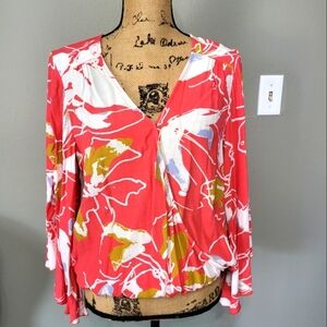 Sanctuary Floral Surplice V-Neck Women's Top - Coral and White with Flowy sleeve